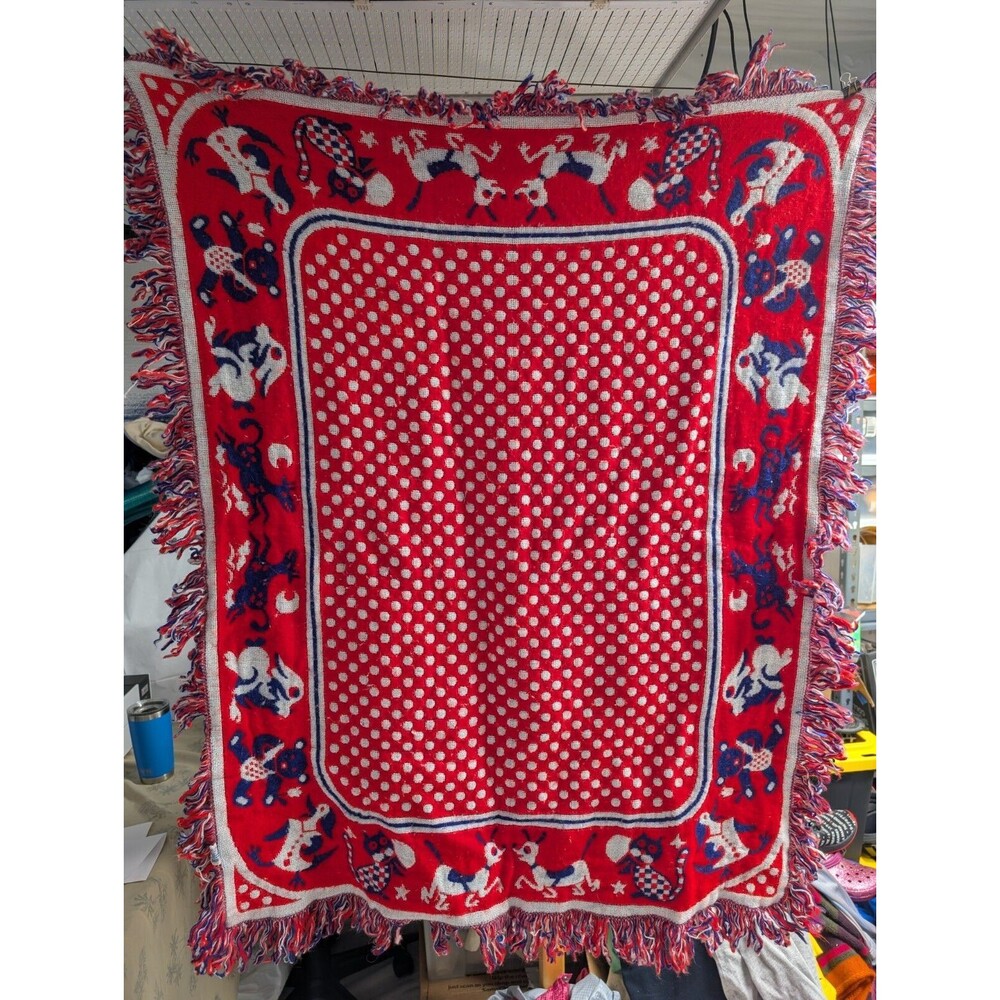Vintage Blue Bird Baby Blanket Knitwear Fringe Red White Blue 100% Acrylic Japan